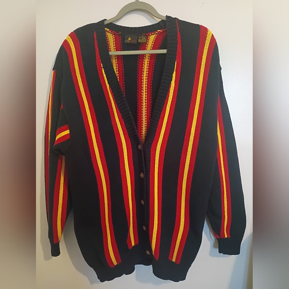 VTG Lizsport Striped Black Oversized Cardigan with Red and Yellow‎ Accents Sz M